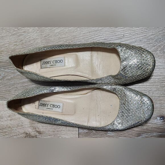 Jimmy Choo Lame Finlay Silver Champagne Glitter Mesh Ballet Flats Sz 39.5 - Picture 4 of 9